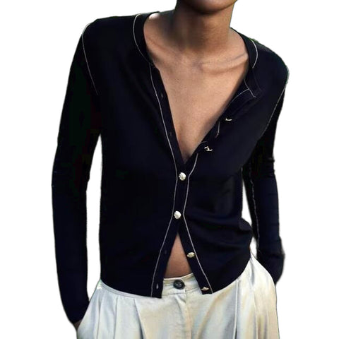 Sonicelife Women's Knitted Cardigan Round Neck Color Contrast Single Breasted Decorated Commuter Temperament Casual Long-Sleeved New
