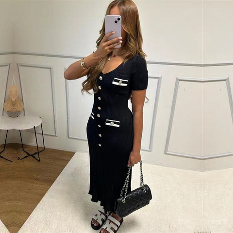 Sonicelife Office Lady Elegant Knitted Long Dress Summer Short Sleelve V Neck Single Breasted Bodycon Dresses Women Party Fashion Vestidos