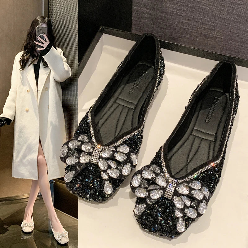Sonicelife 2025 Spring Woman Elegant Square Toe Sequins Kawaii Ballet Flats Barefoot Designer Luxury   Female Shoes Party