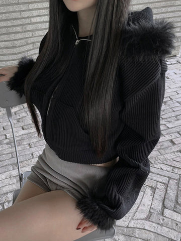 Sonicelife Y2k Winter Warm Corduroy Coats Women Mall Gothic Streetwear Hipster Grunge Emo Alt Long Sleeve Hooded Crop Jackets Femme