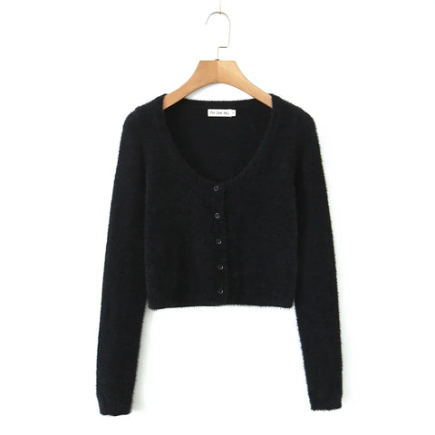 christmas outfit Sonicelife Autumn Sexy Mohair Cardigan Women Fashion Vintage Knit Cropped Sweaters Casual Long Sleeve Button Up Crochet Top