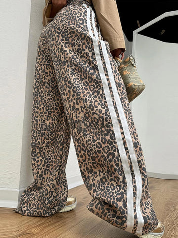 thanksgiving outfit Sonicelife Casual Leopard Wide Leg Pant Women Patchwork High Waist Long Trouser Female 2024 Autumn Fashion Y2K All Match Striped Pants Lady