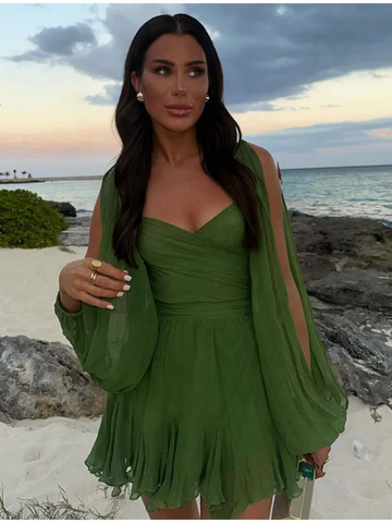 Sonicelife Chiffon Green Ruffles Mini Dresses Women Elegant Long Sleeve A Line Beach Robe Fashion Lady Ruffles Holiday Summer Party Vestido