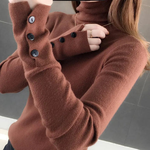 Sonicelife Women Turtleneck Solid Warm Sweater Buttons Long Sleeve Knit Basic Pullover Slim Office Jumper For Women 2024 Autumn Winter