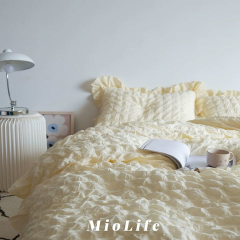 Sonicelife INS Girl Blue Bedding Sets Solid Color Seersucker Ruffles Lace  Kawaii Soft Sheet Woman Duvet Cover Pillow Covers Quilt Cover