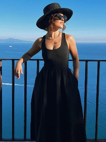 Sonicelife Elegant Square Neck High Waist Patchwork Dress Sexy Spliced Sleeveless Backless Long Dress 2025 Summer Lady Vocation Party Robes
