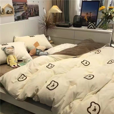 Sonicelife Korean Style Cartoon Sheep Bedding Set Girls Kids Twin Full Queen Size Bed Flat Sheet Duvet Cover Pillowcases Bed Linen Kawaii