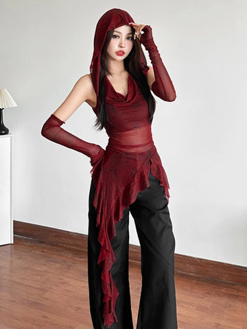Sonicelife Cyber Punk Streetwear Vest Women Dark Gothic Y2k Harajuku Sexy See Through Hooded Crop Tank Tops Emo Alt Grunge Outfit