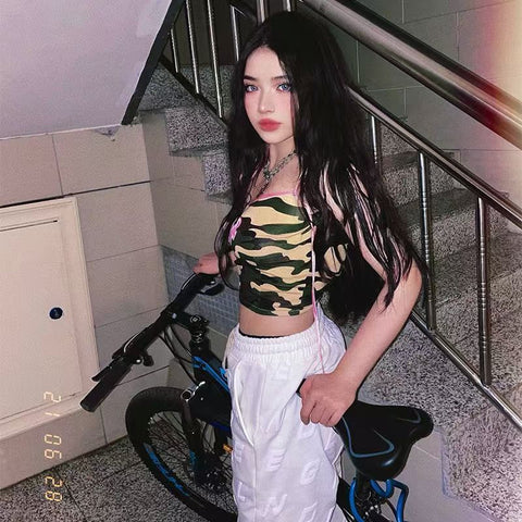 Sonicelife Aesthetic Camis Kawaii Cute Women Clothing Sweet Girl Slim Short Camouflage Tank Tops Bandage Punk Femme Tees Y2k Crop Top Emo