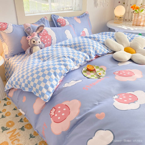 Sonicelife Kawaii Bedding Set Kids Adult Flat Sheet Duvet Cover Pillowcase Single Double Full Size Bed Linen Floral Cherry Home Textile