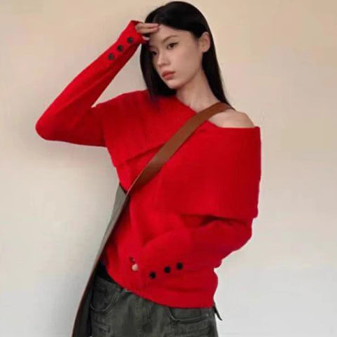 Sonicelife French Slash Neck Pullover Women Elegant Chic Knitted Off Shoulder Jumpers Autumn Winter Long Sleeve Streetwear Sexy Pullover