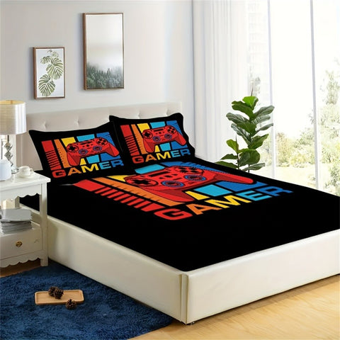 Sonicelife Games Print Fitted Sheet Set Soft Home Textile Comfortable Breathable Gamepad Bedding Set for Bedroom Guest Room