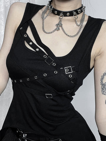 Sonicelife Harajuku Cyber Y2k Gothic Vest Women Streetwear Hipster Eyelet Bandage Irregular Hem Crop Tank Tops Punk Rave Outfits