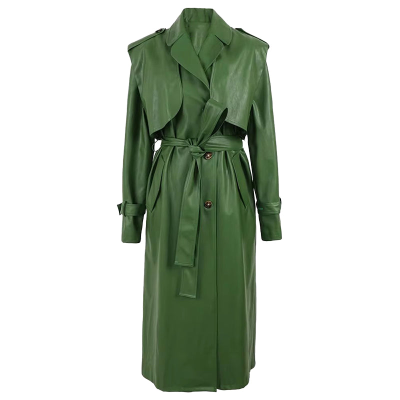 christmas outfit Sonicelife Spring Long Green Pu Leather Trench Coat for Women with Back Slit Sashes Single Breasted Elegant Luxury Clothes 2025