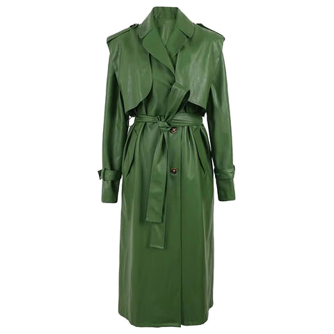 christmas outfit Sonicelife Spring Long Green Pu Leather Trench Coat for Women with Back Slit Sashes Single Breasted Elegant Luxury Clothes 2025