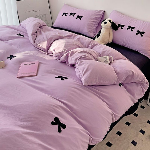 Sonicelife Ins Pink Bedding Set with Bow Embroidery Korean Soft Duvet Cover Flat Sheet Pillowcases Girls Gift Fashion Comforter Cover Set