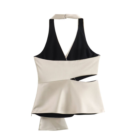 Sonicelife Women's Hanging Neck Top with Bow Decoration Silk Satin Hollow Sexy T-shirt New