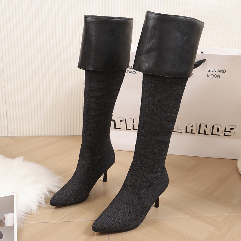 Sonicelife Women Cowboy Shoes Chelsea High Heels Boots Winter 2024 New Chunky Motorcycle Over The Knee Boots Sexy Pumps Gladiator Botas