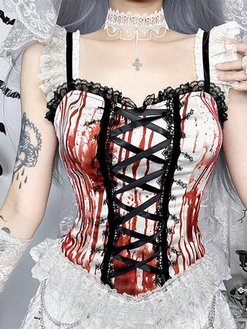 Sonicelife Halloween Dark Gothic Camis Women Streetwear Sexy Cyber Punk Y2k Grunge Blood Red Printed Lace Patchwork Crop Tank Tops
