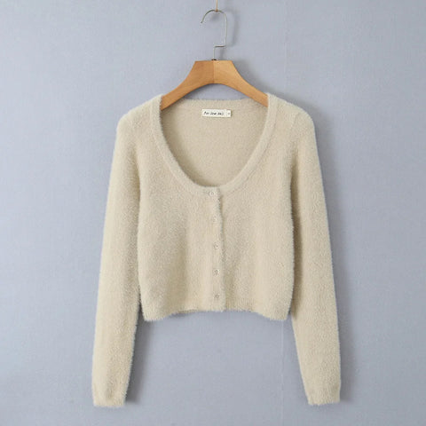 christmas outfit Sonicelife Autumn Sexy Mohair Cardigan Women Fashion Vintage Knit Cropped Sweaters Casual Long Sleeve Button Up Crochet Top