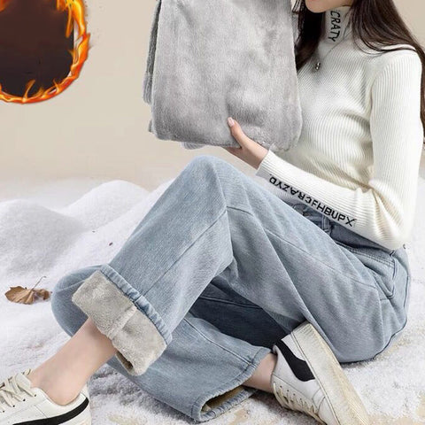 Sonicelife High Waist Straight Pants Cashmere Thermal Jeans Casual Loose Thickened Office Trousers Women Autumn Winter