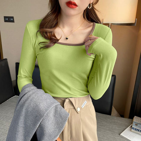 Sonicelife Square Collar Long Sleeve T Shirt Women New Casual Korean Slim Crop Tops Autumn Irregular Solid All Match Shirt Female Top