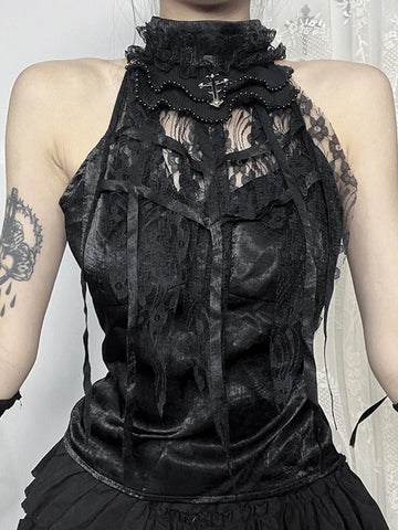 Sonicelife Gothic Aesthetic Vest Women Streetwear Vintage Lace Patchwork Halter Crop Tank Tops Elegant Grunge Coquette Rave Outfits