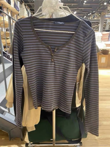 Sonicelife Women's Brown Striped Cotton T-Shirt V Neck Slim Long Sleeve Tee Tops Female Streetwear Vintage Y2K Spring Autumn Woman Tshirt