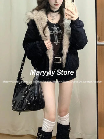 Sonicelife Winter Elegant Fur Loose Coat Women Y2k Harajuku Gothic Collar Hood Thick Fashion Parkas Casual Outerwear Cotton Padded Jackets