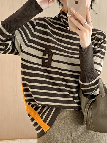 christmas outfit Sonicelife Long Sleeves Loose Contrast Color Knitted Letters Split-Joint Striped High Neck Pullovers Sweater Tops