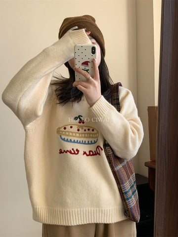 christmas outfit Sonicelife 2025 new autumn and winter Korean style round neck fruit cake jacquard sweater lazy thick loose sweater women clothing y2k tops