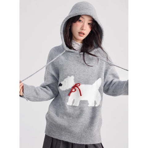 Sonicelife Dog Printed Cute Hooded Sweater Knit Women Y2k Drawstring Long Sleeve Pullover Sweater Loose Casual Hoodies Fall Winter