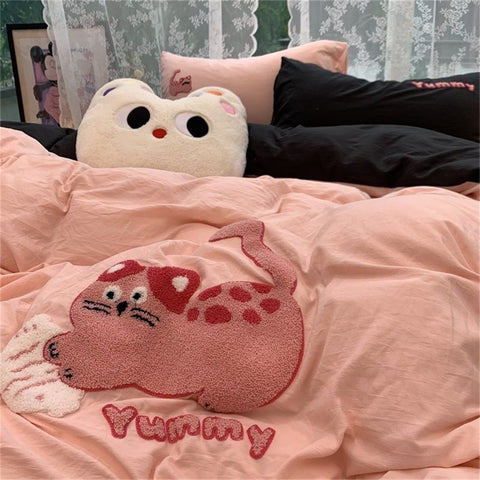 Sonicelife Korean Ins Dopamine Rainbow Embroidered Washed Cotton Bedding set Duvet Cover Home Luxury No Filling Bedding Set Bed Sheets