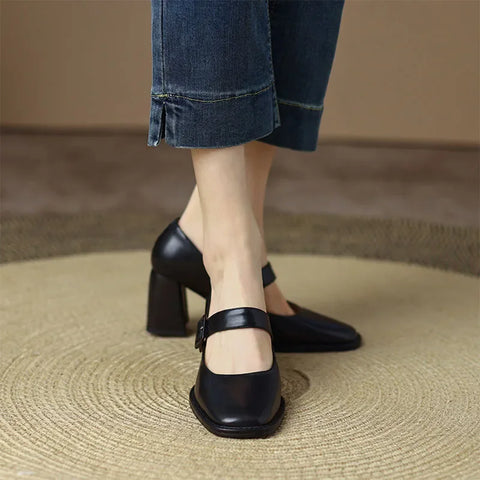 Sonicelife New Fashion Spring Autumn Pumps Women High Heels Shoes Chunky Heels Buckle Loafers Platform Black Brown Retro Heels Women Shoes