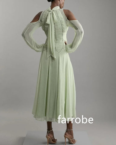 Sonicelife Customized Simple Chiffon Pleat A-line High Collar Midi Dresses Cocktail Dresses Classic Exquisite Modern Style Pastrol  Chinese (PRE-ORDER)