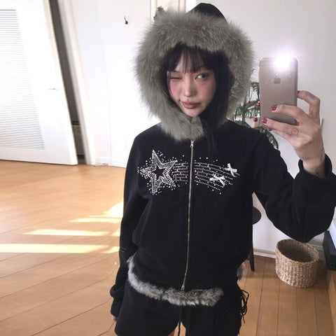 Sonicelife Japanese Y2k fur coat for women Retro Korean style black hooded jacket Garbage aesthetic zipper thin 90s street wear Goth coat