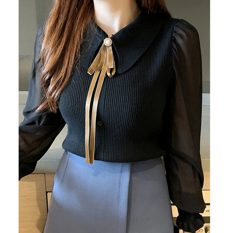 Sonicelife 2024 Autumn Women Chiffon Patchwork Sweater Lantern Sleeve Turn-down Collar Pullover Office Lady Sweater For Women