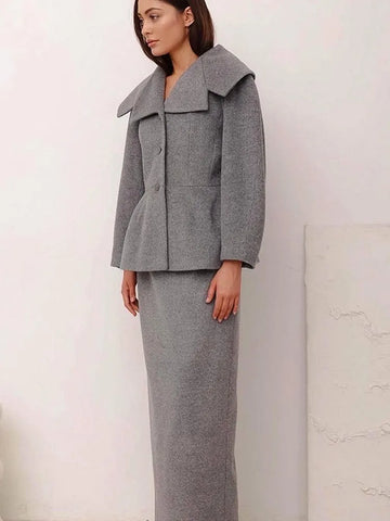 christmas outfit Sonicelife New Elegant Grey Women's Woolen Skirt 2 Piece Set Fashion Lapel Single Breasted Slim Blazer Jacket Suit Chic Lady Commute Outfit