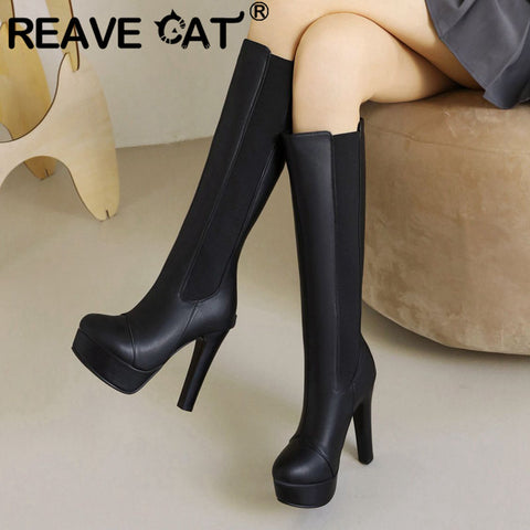 thanksgiving outfit Sonicelife Sexy Female Long Boots Patent Leather Round Toe Block High Heel 11.5cm Platform 4.5cm Big Size 50 Dating Booty