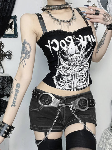 Sonicelife Y2k Cyber Punk Camisole Women Dark Gothic Streetwear Harajuku Grunge Printed Rivets Lace Patchwork Zip-up Crop Ank Tops