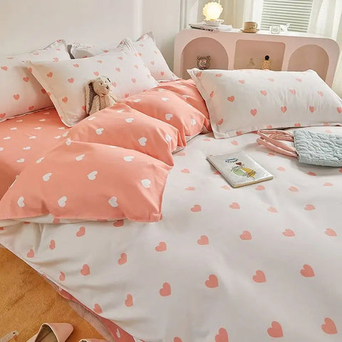 Sonicelife Kawaii Bedding Set Kids Adult Flat Sheet Duvet Cover Pillowcase Single Double Full Size Bed Linen Floral Cherry Home Textile