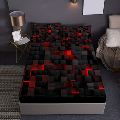 Sonicelife Red Grid 3D Visual Geometry Art Print Fitted Sheet Set Mattress Covers Soft Breathable Bedding Set With Deep Pocket for Bedroom