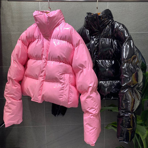 Sonicelife Winter Women Bright PU Pink Puffer Jacket Thick Bubble Coat Zipper Glossy Leather Down Parka Outerwear Stand Collar Loose Jacket