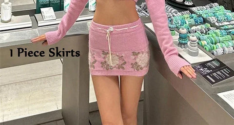 Sonicelife Korean Style Cute Women Pink Knitted Slim Skirts Floral Crochet Drawstring Mini Bodycon Skirts High Waist Knitwear Outfits New