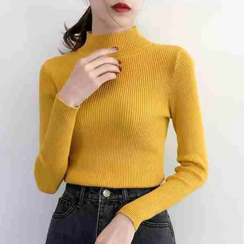 Sonicelife Women Sweater Vintage Basic Solid Knitted Tops Casual Slim Pullover Korean Sweaters Simple Jumper Autumn Winter Mock Neck