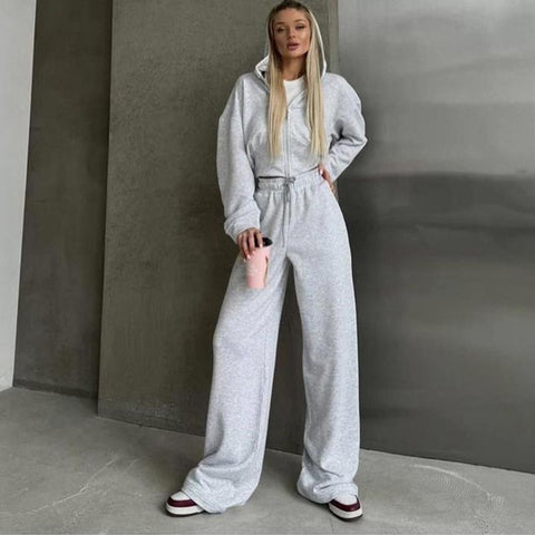 Sonicelife Casual Hoodies Pants Sets Women Hooded Long Sleeve Zippers Short Coat Wide Leg Drawstring Pant 2024 Autumn Lady Solid Tracksuit