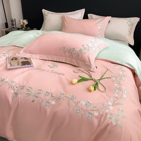 Sonicelife New High-End Simple and Light Luxury Skin-Friendly Cotton Four-Piece Set Simple Embroidery Bedding Lily