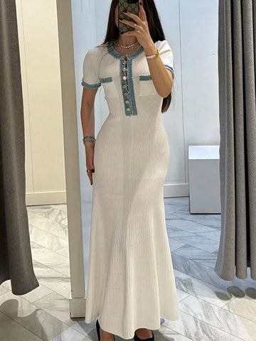 Sonicelife Elegant V Neck Denim Patchwork Knitted Long Dress Women Fashion Short Sleeved Buttons Bodycon Dresses Office Lady Pockets Robes