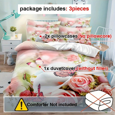 Sonicelife 3pcs Duvet Cover Set, Rose Flower Butterfly Printed Bedding Set, Soft Comfortable Breathable Duvet Cover With Pillowcase