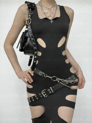 Sonicelife Harajuku Gothic Dark Dress Women Streetwear Cyber Punk Y2k E-girl Grunge Sexy Hollow Out High Waist Bodycon Dress Female